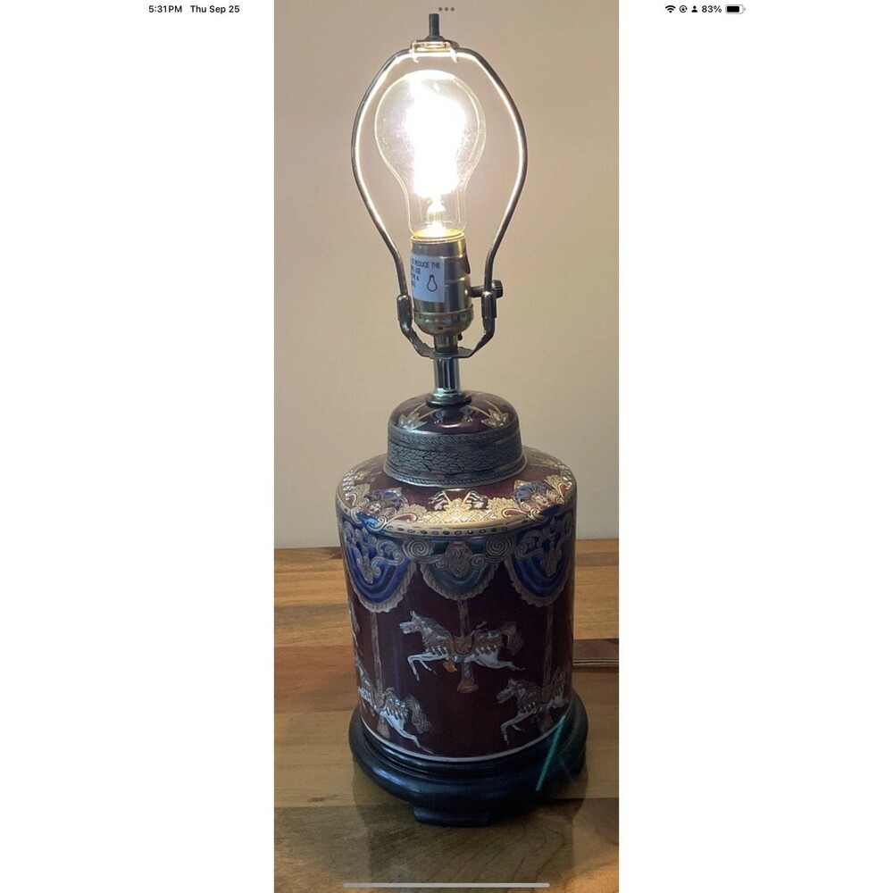 Carousel horses Lamp Vintage Ornately Etched Ceramic, Wood Base **Tested 19”